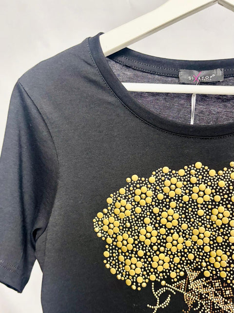 Black t-shirt with female silhouette and gold-tone studs SixStop
