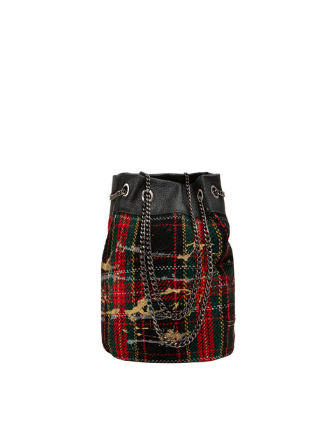 Bucket Bag In Tartan And Genuine Leather With Gold Glitter Apiedinudinelparco