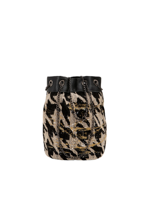 Bucket Bag In Tartan And Genuine Leather With Gold Glitter Apiedinudinelparco