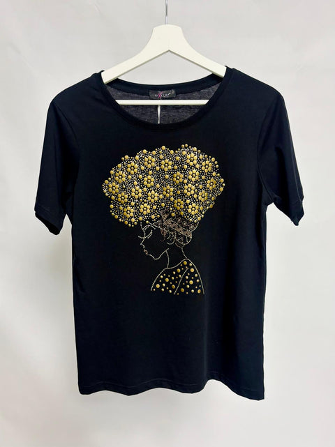 Black t-shirt with female silhouette and gold-tone studs SixStop