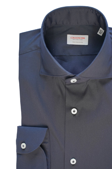 Blue Stretch Popeline Solid Shirt Cordone 1956