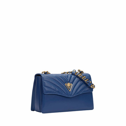 Blue Herringbone-Embossed Leather Shoulder Bag