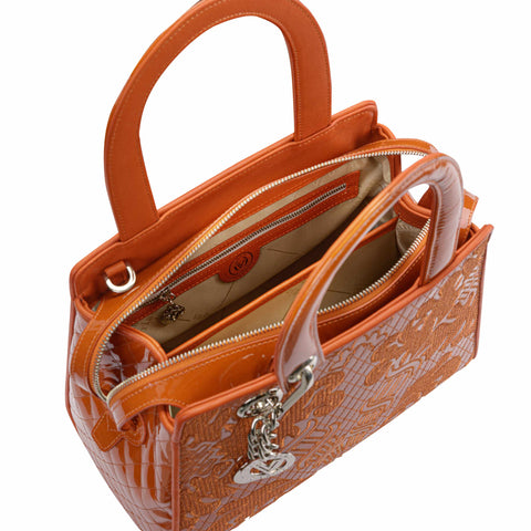 Orange Patent Leather Handbag with Logo Charm