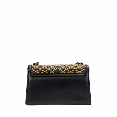 Trapezoid Leather Shoulder Bag with Interlaced Embroidery