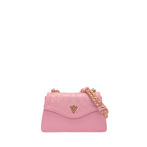 Pink Leather Chain Shoulder Bag with Floral Embroidery