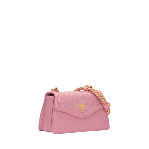 Pink Leather Chain Shoulder Bag with Floral Embroidery