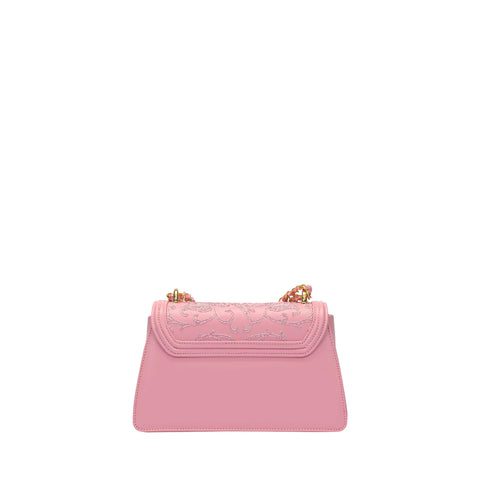 Pink Leather Chain Shoulder Bag with Floral Embroidery