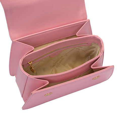 Pink Leather Chain Shoulder Bag with Floral Embroidery