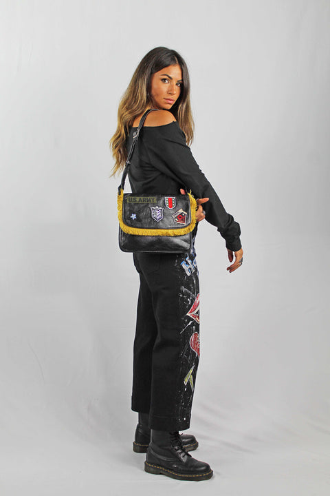 Messenger Bag In Genuine Military Leather With Emblems And Rhinestone Apiedinudinelparco