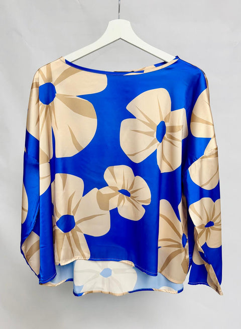 Oversized satin blue blouse with beige floral print SixStop