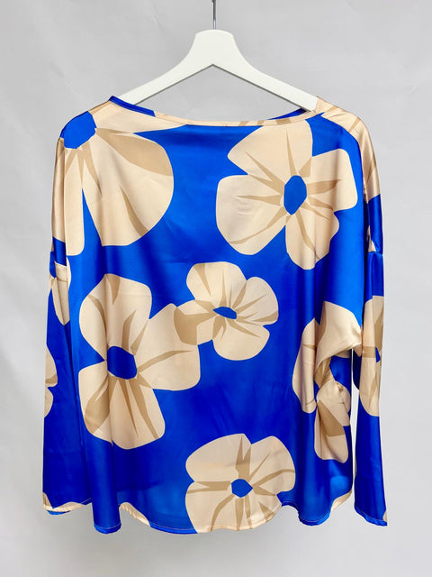 Oversized satin blue blouse with beige floral print SixStop