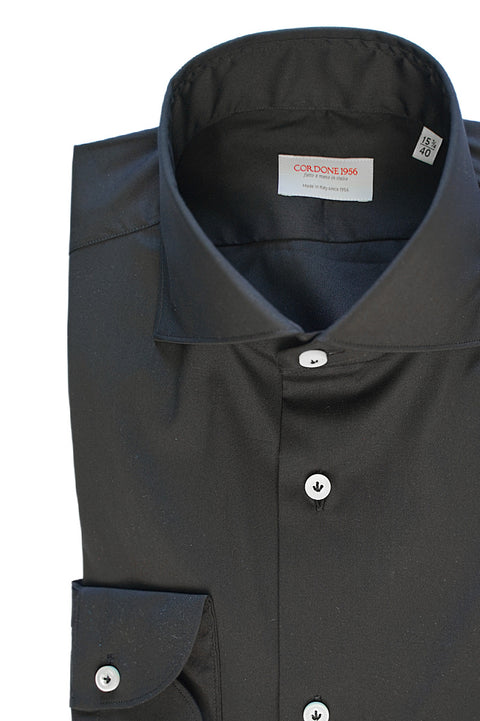 Black Stretch Popeline Solid Shirt Cordone 1956