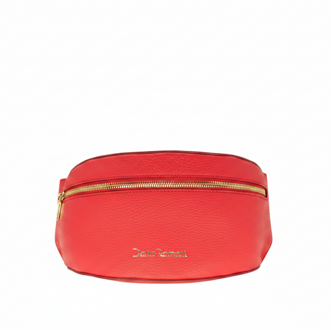 A red pebbled leather belt bag with a gold-tone zipper and 'Salvatore Ferragamo' logo on the front, set against a plain white background.