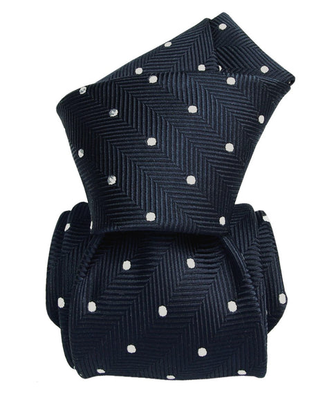 Navy Silk Tie with White Polka Dots – Chevron Texture