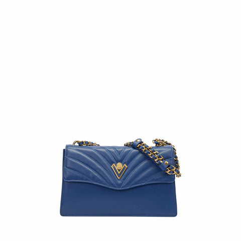 Blue Herringbone-Embossed Leather Shoulder Bag