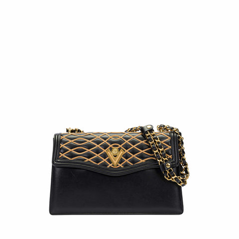 Trapezoid Leather Shoulder Bag with Interlaced Embroidery