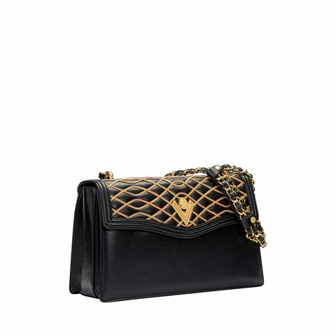 Trapezoid Leather Shoulder Bag with Interlaced Embroidery