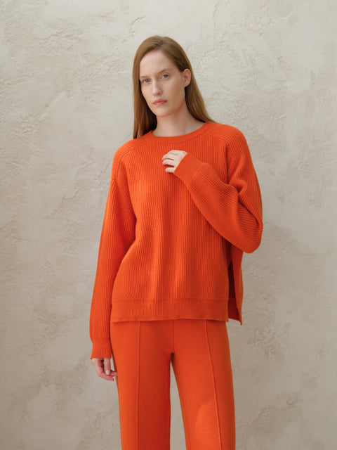 Cashmere Mix Crewneck Ribbed Sweater with Lateral Slits - Lèmme