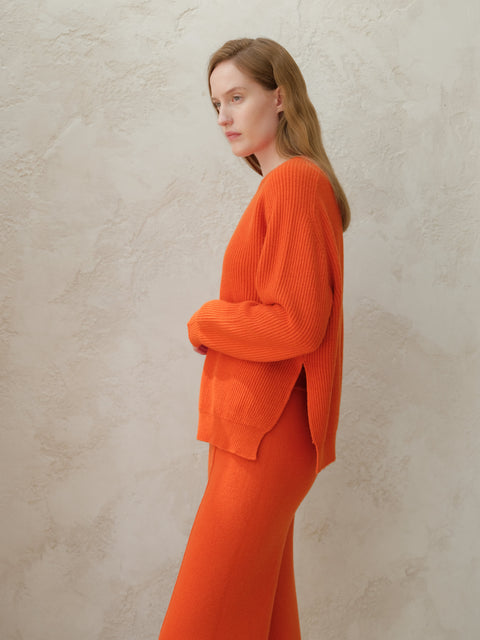 Cashmere Mix Crewneck Ribbed Sweater with Lateral Slits - Lèmme