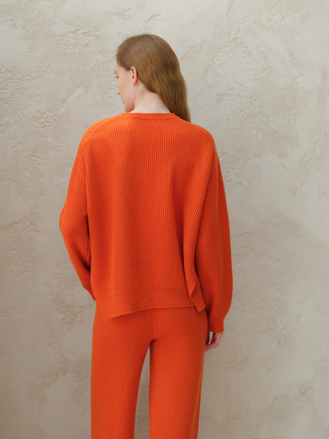 Cashmere Mix Crewneck Ribbed Sweater with Lateral Slits - Lèmme