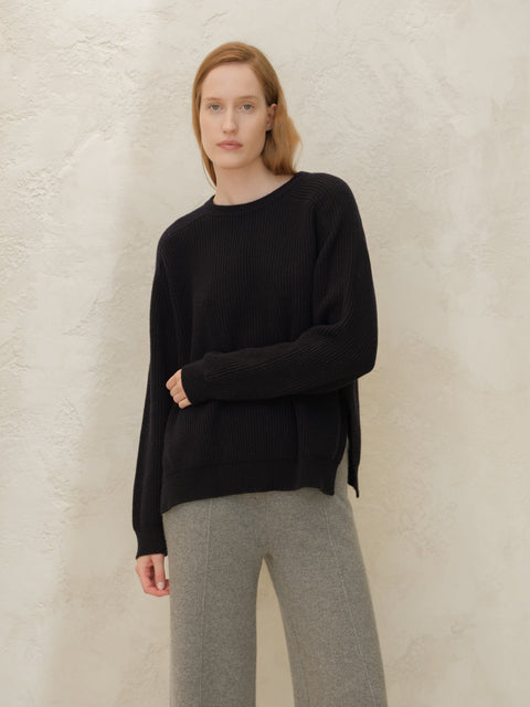 Cashmere Mix Crewneck Ribbed Sweater with Lateral Slits - Lèmme