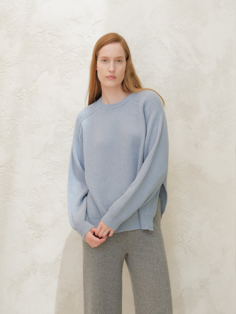 Cashmere Mix Crewneck Ribbed Sweater with Lateral Slits - Lèmme