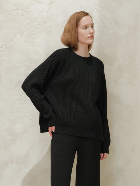 Cashmere Mix Crewneck Ribbed Sweater with Lateral Slits - Lèmme
