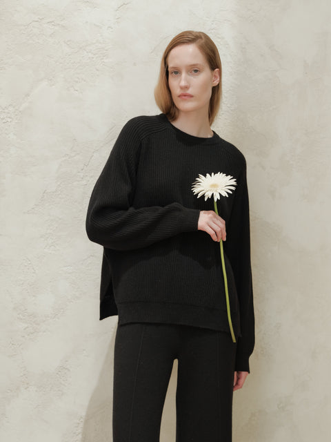 Cashmere Mix Crewneck Ribbed Sweater with Lateral Slits - Lèmme