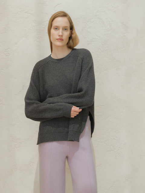 Cashmere Mix Crewneck Ribbed Sweater with Lateral Slits - Lèmme