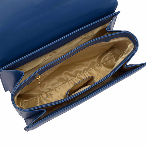 Blue Herringbone-Embossed Leather Shoulder Bag