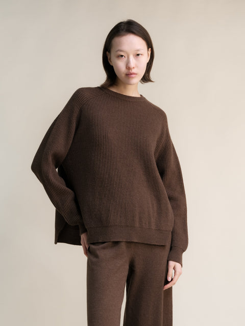 Cashmere Mix Crewneck Ribbed Sweater with Lateral Slits - Lèmme