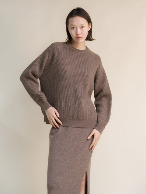 Cashmere Mix Crewneck Ribbed Sweater with Lateral Slits - Lèmme