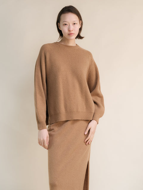 Cashmere Mix Crewneck Ribbed Sweater with Lateral Slits - Lèmme