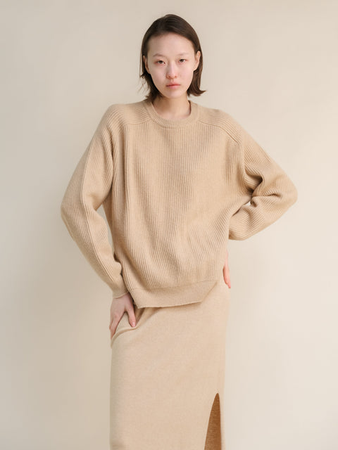 Cashmere Mix Crewneck Ribbed Sweater with Lateral Slits - Lèmme