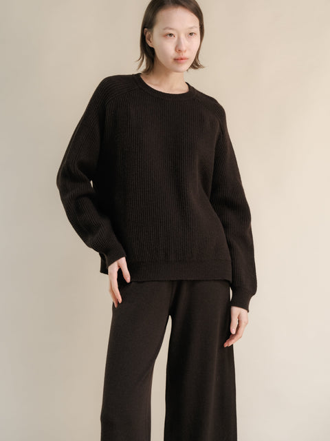 Cashmere Mix Crewneck Ribbed Sweater with Lateral Slits - Lèmme