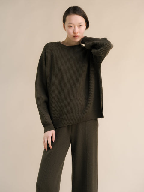 Cashmere Mix Crewneck Ribbed Sweater with Lateral Slits - Lèmme