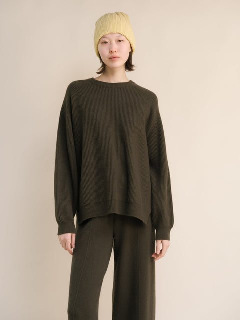 Cashmere Mix Crewneck Ribbed Sweater with Lateral Slits - Lèmme