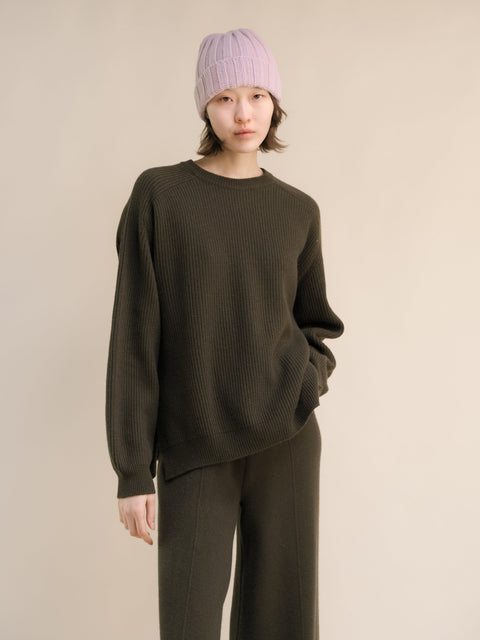 Cashmere Mix Crewneck Ribbed Sweater with Lateral Slits - Lèmme