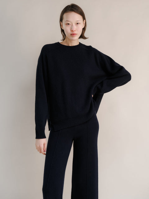 Cashmere Mix Crewneck Ribbed Sweater with Lateral Slits - Lèmme