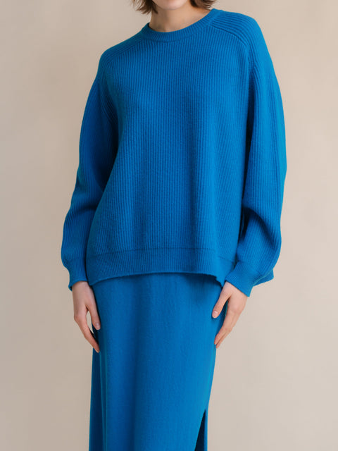 Cashmere Mix Crewneck Ribbed Sweater with Lateral Slits - Lèmme