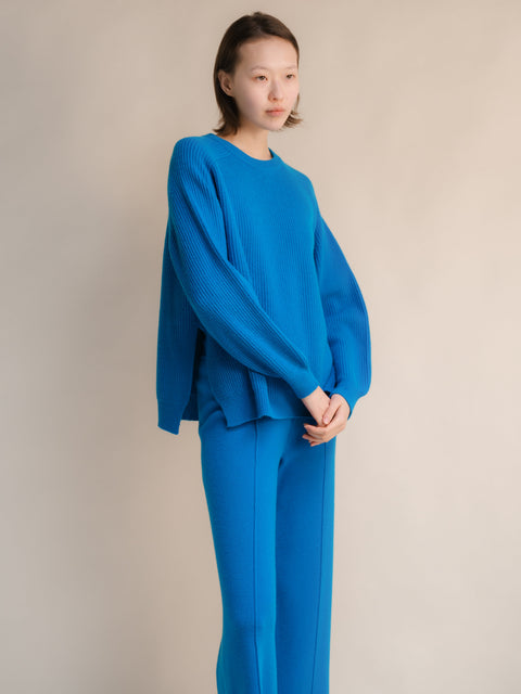 Cashmere Mix Crewneck Ribbed Sweater with Lateral Slits - Lèmme