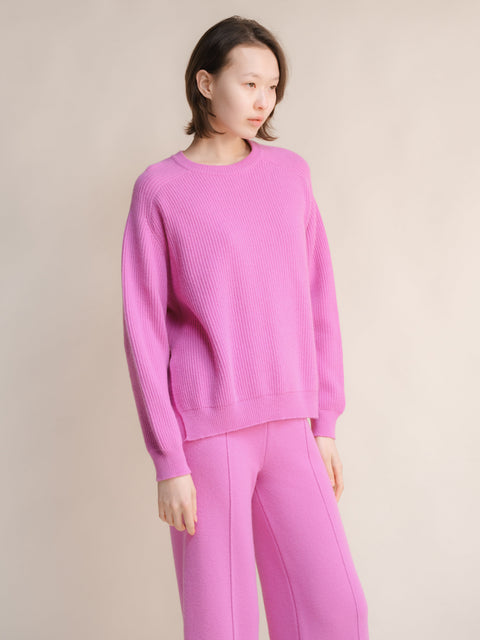 Cashmere Mix Crewneck Ribbed Sweater with Lateral Slits - Lèmme
