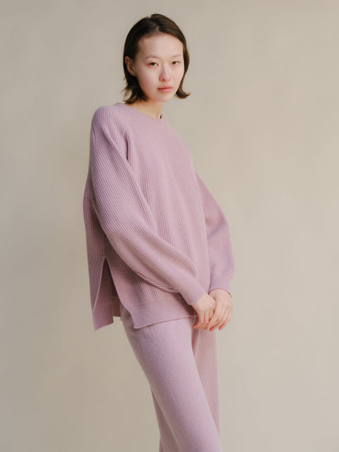 Cashmere Mix Crewneck Ribbed Sweater with Lateral Slits - Lèmme