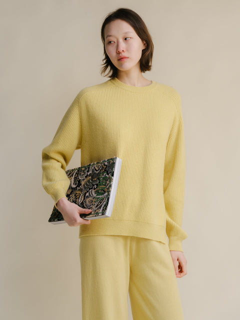 Cashmere Mix Crewneck Ribbed Sweater with Lateral Slits - Lèmme