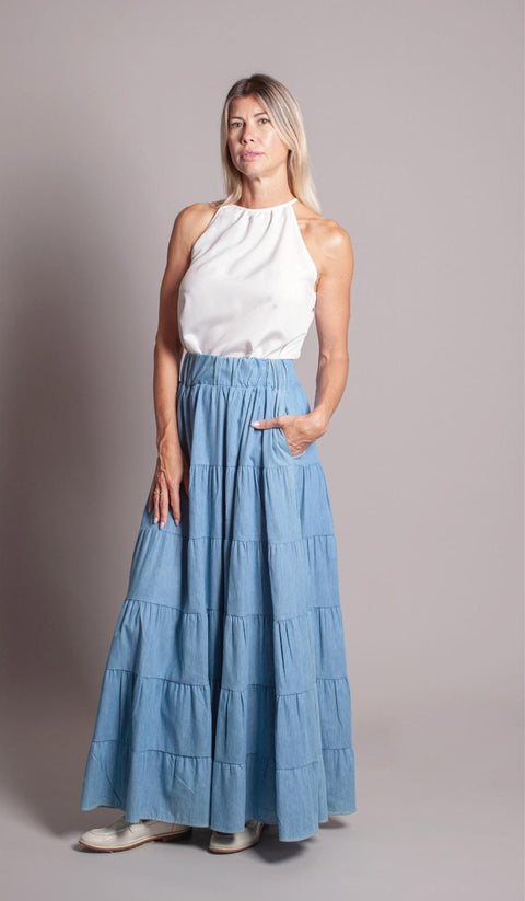 Ciligon – High-Waisted Midi Denim Skirt – Flared Cut