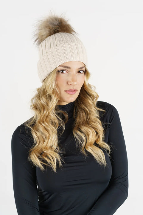 5360-R | Cashmere-Blend Beanie with Fox Fur Pom-Pom