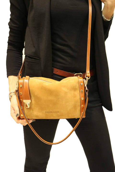 Split Leather & Tuscan Leather Top Handle Bag (Studded)