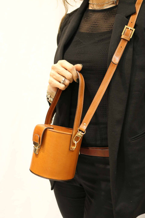 Structured Tuscan Leather Bucket Bag (Tuck Closure)