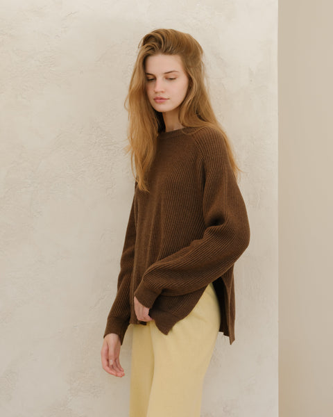 Cashmere Mix Crewneck Ribbed Sweater with Lateral Slits - Lèmme