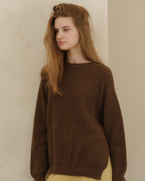 Cashmere Mix Crewneck Ribbed Sweater with Lateral Slits - Lèmme